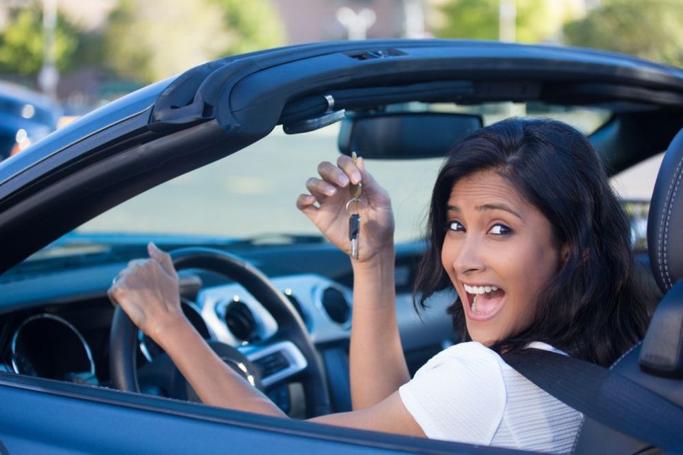 lady in new car