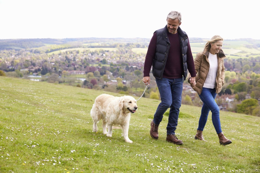 middle-aged couple walking dog