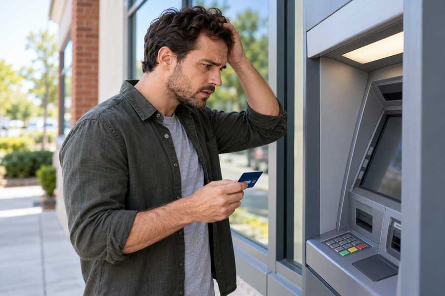 confused man using ATM